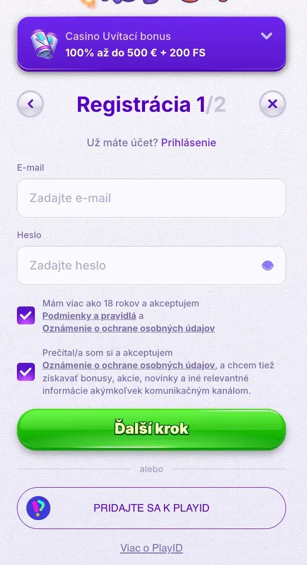 Registračný formulár v Robocat casino